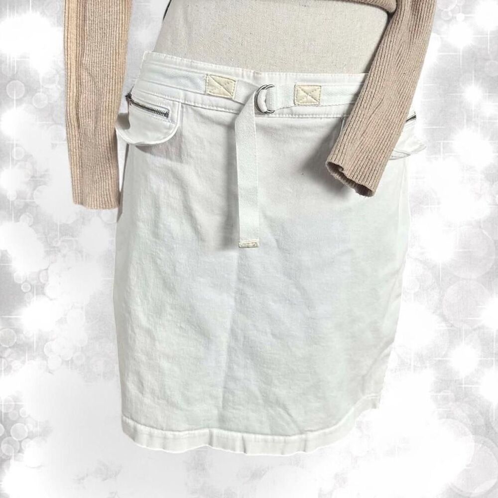Y2K White Denim Tie Buckle and Pockets Mini/Midi Jean Skirt